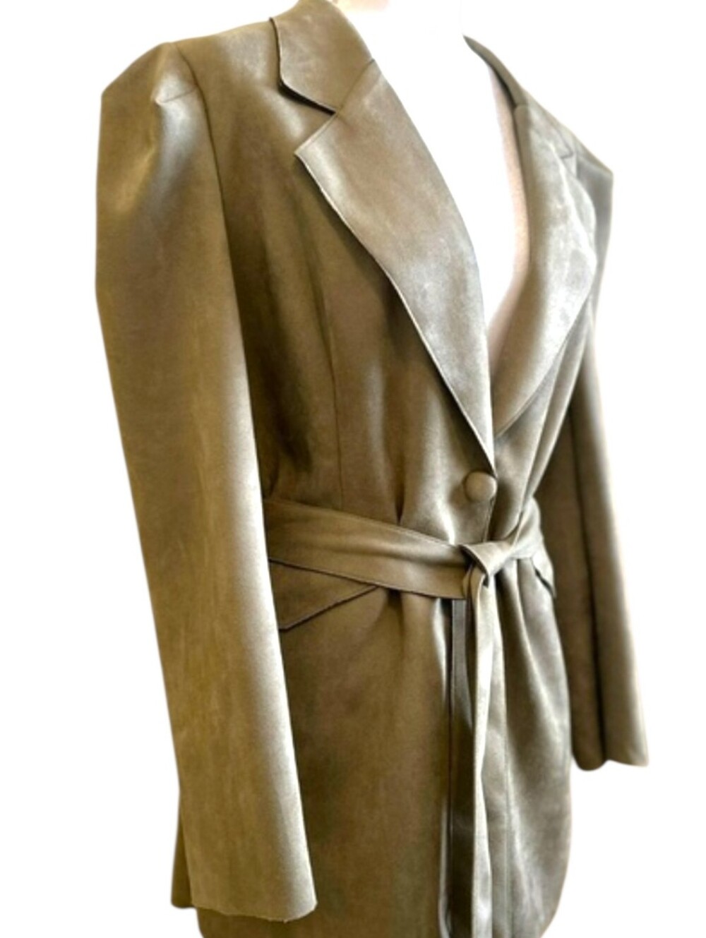Solitaire Sage Green Faux Suede Belted Blazer Jacket Puff Sleeve Button Front LG - Picture 6 of 16